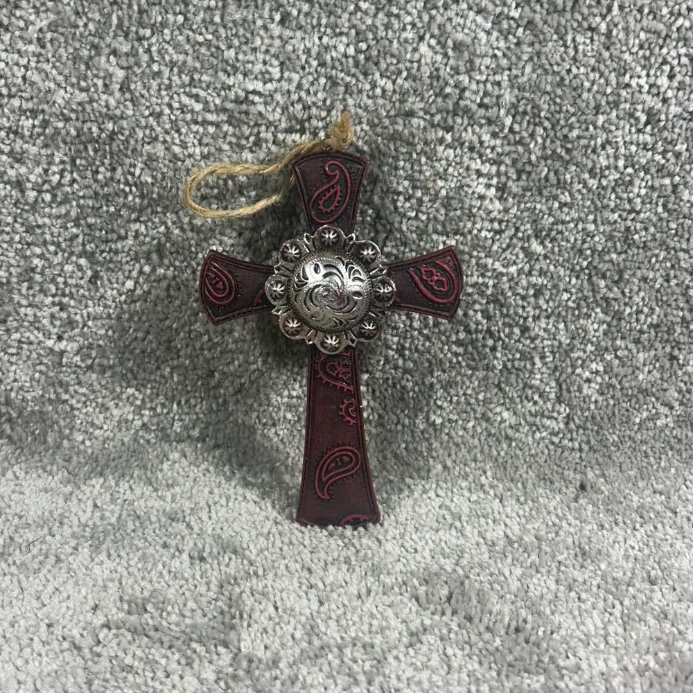 Wall Cross Burgundy Paisley Silver Concho Western Home Decor Small